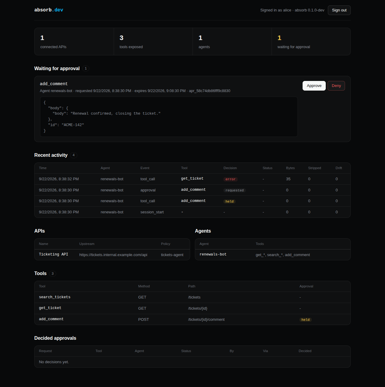 Admin dashboard with one call waiting for approval, its arguments, and Approve and Deny buttons