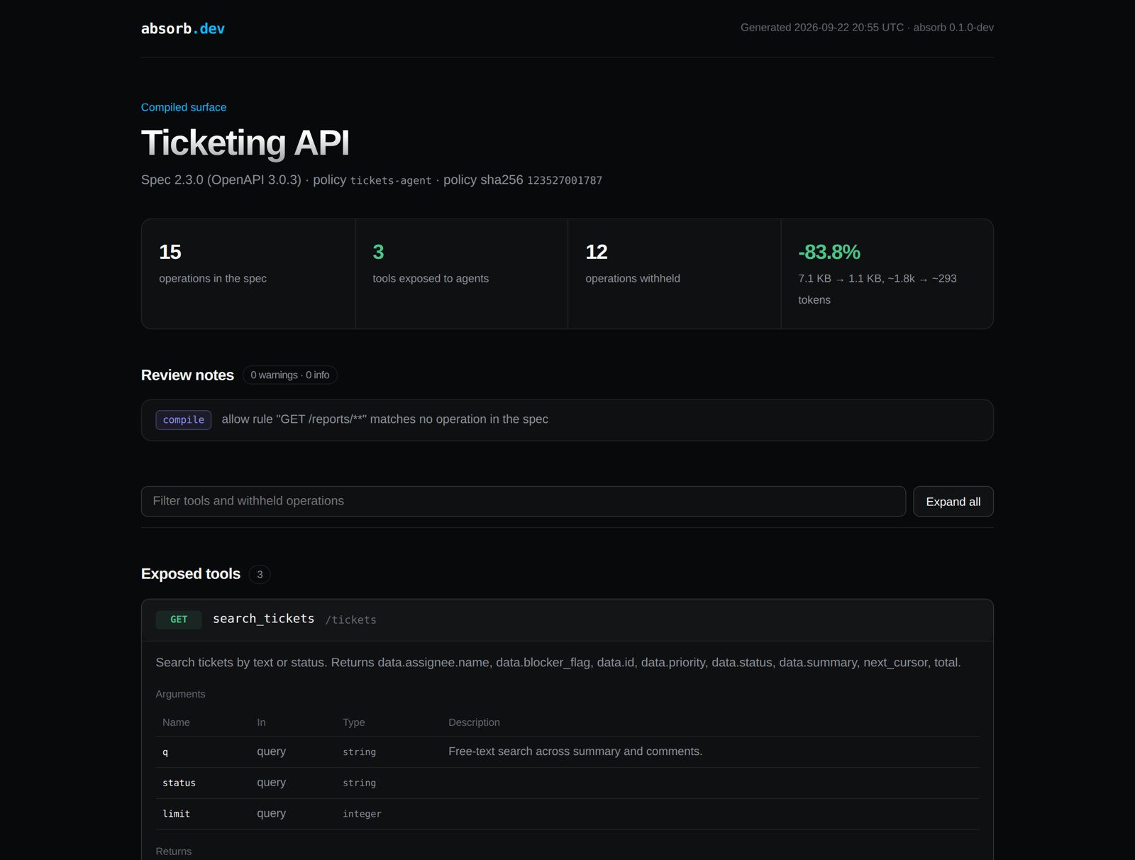 Absorb review report with a tool expanded, showing arguments, returned fields, response cap and the allow rule